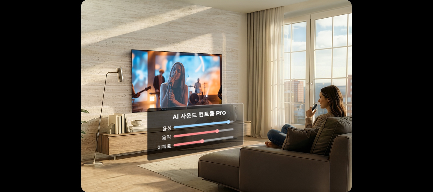 소파에 앉은 여성이 장식장 위에 설치된 TV를 보고 있습니다. TV 화면에는 밴드의 보컬이 노래를 하고 있습니다. TV 화면 아래 쪽에는 ‘AI 사운드 컨트롤 Pro‘ 상태 창이 있습니다.