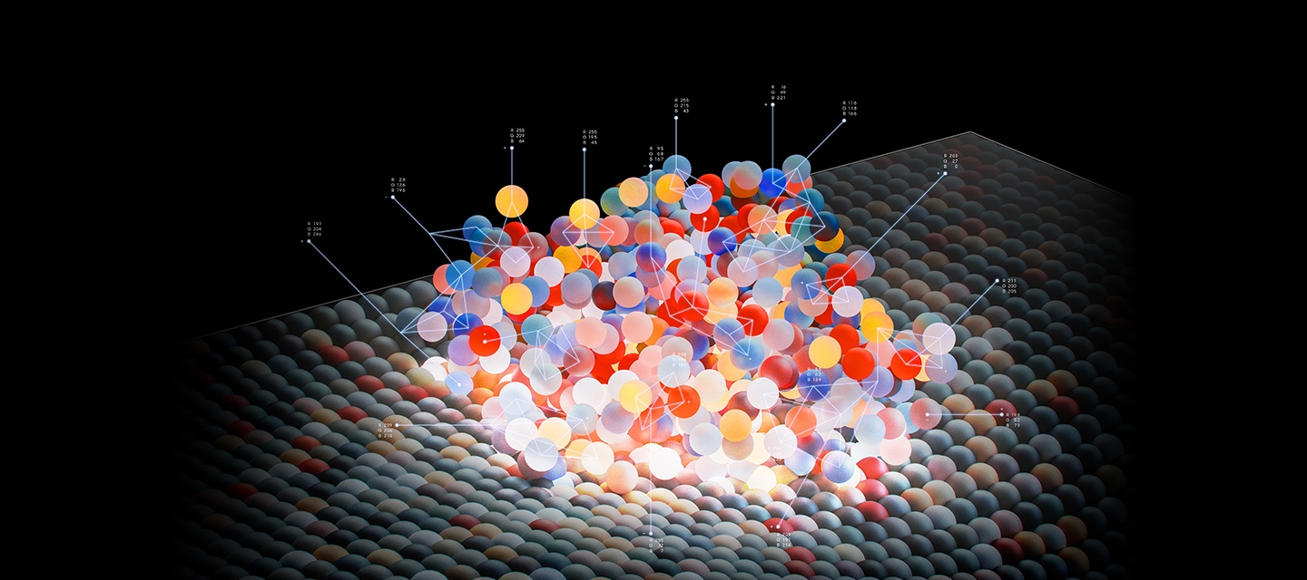 검은 배경 위에 여러가지 색상의 반투명한 원들이 모여 입체적인 구 형태를 이루고 있으며, 각 원에는 수치와 연결선이 표시되어 데이터 시각화를 나타내는 이미지입니다.