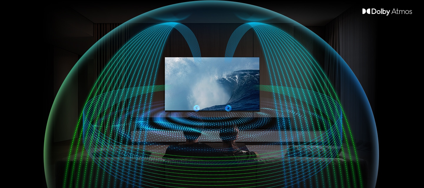 TV 화면에는 파도가 치고 있으며, TV에서는 음파가 나와 소파에 앉아 있는 사람들을 감싸고 있습니다.