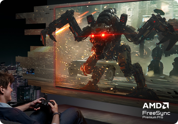 남성이 소파에 앉아서 게임을 하고 있습니다. TV 화면에는 게임 화면이 보이고 있으며, TV 왼쪽 부분은 게임 캐릭터가 TV를 뚫고 나온듯한 모습입니다.